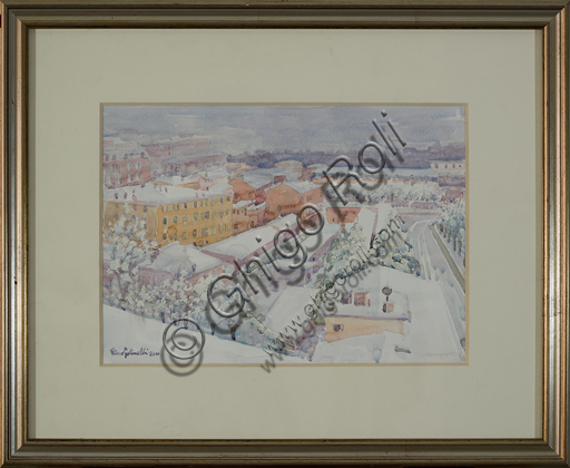 Rino Golinelli (1932): "Modena, landscape in the snow", (watercolour, cm. 26 x 36).
