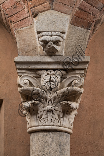 Modena, torre Ghirlandina, sala dei Torresani, parete est: capitello corinzio con un viso scolpito nella protome dell'abaco. Maestri campionesi, XII - XIII secolo.