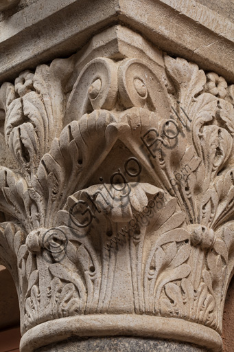 Modena, torre Ghirlandina, sala dei Torresani, parete est: capitello corinzio con un viso scolpito nella protome dell'abaco. Maestri campionesi, XII - XIII secolo. Particolare.