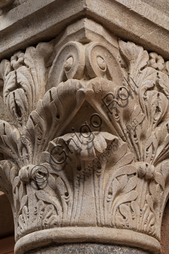 Modena, Ghirlandina Tower, Torresani Hall, east wall: a Corinthian capital with a sculpted face in the abacus protome. Campionese Masters, XII - XIII century. Detail.