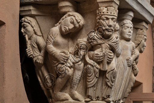 Modena, torre Ghirlandina, sala dei Torresani, parete est: il capitello di Re David o della danza e della musica. Maestri campionesi, XII - XIII secolo.