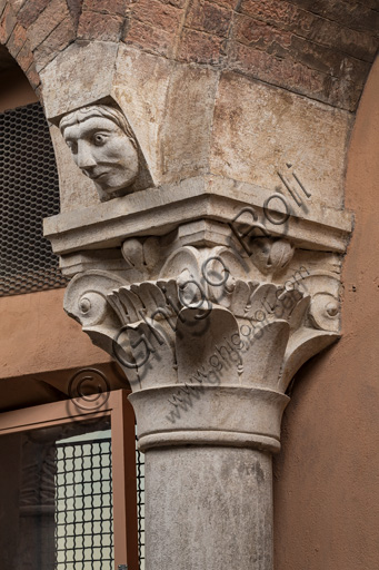 Modena, torre Ghirlandina, sala dei Torresani, parete nord: capitello corinzio con un viso scolpito nella protome dell'abaco. Maestri campionesi, XII - XIII secolo.