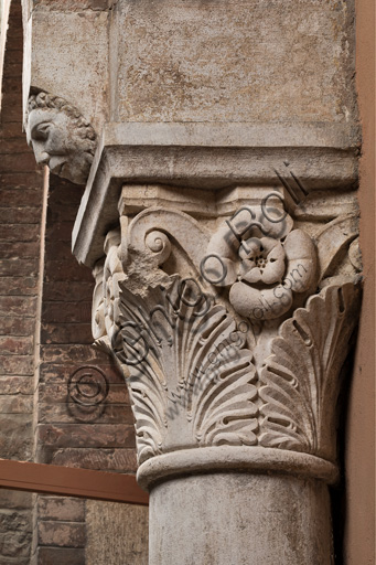 Modena, Ghirlandina Tower, Torresani Hall, north wall: a Corinthian capital with a sculpted face in the abacus protome. Campionese Masters, XII - XIII century.