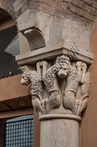 Modena, torre Ghirlandina, sala dei Torresani, parete ovest: capitello con quattro coppie di leoni rampanti. Maestri campionesi, XII - XIII secolo.