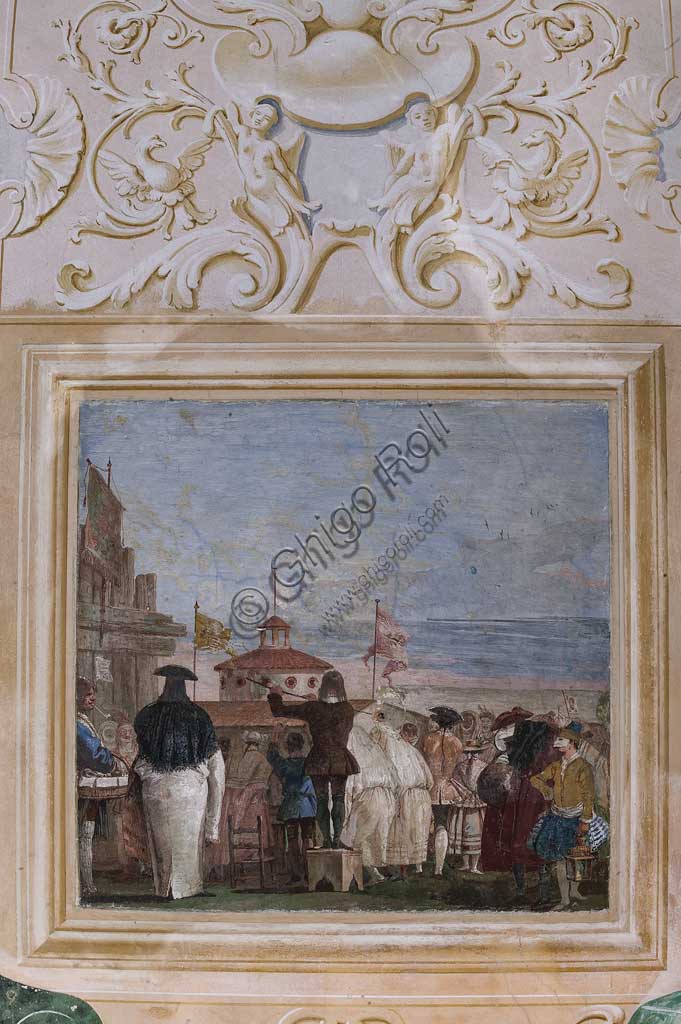 Vicenza, Villa Valmarana ai Nani, Foresteria, Stanza delle scene carnevalesche: "Mondo Nuovo"; scena con maschere, a imitazione di un dipinto a olio. Affreschi di Giandomenico Tiepolo, 1757.