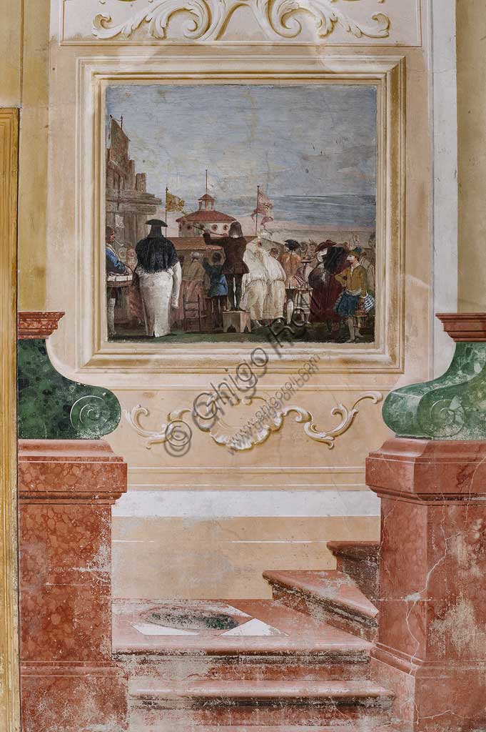 Vicenza, Villa Valmarana ai Nani, Guest Lodgings, the Room of the Carnival Scenes: "New World", a scene with masks imitating an oil paiting. Frescoes by Giandomenico Tiepolo, 1757.