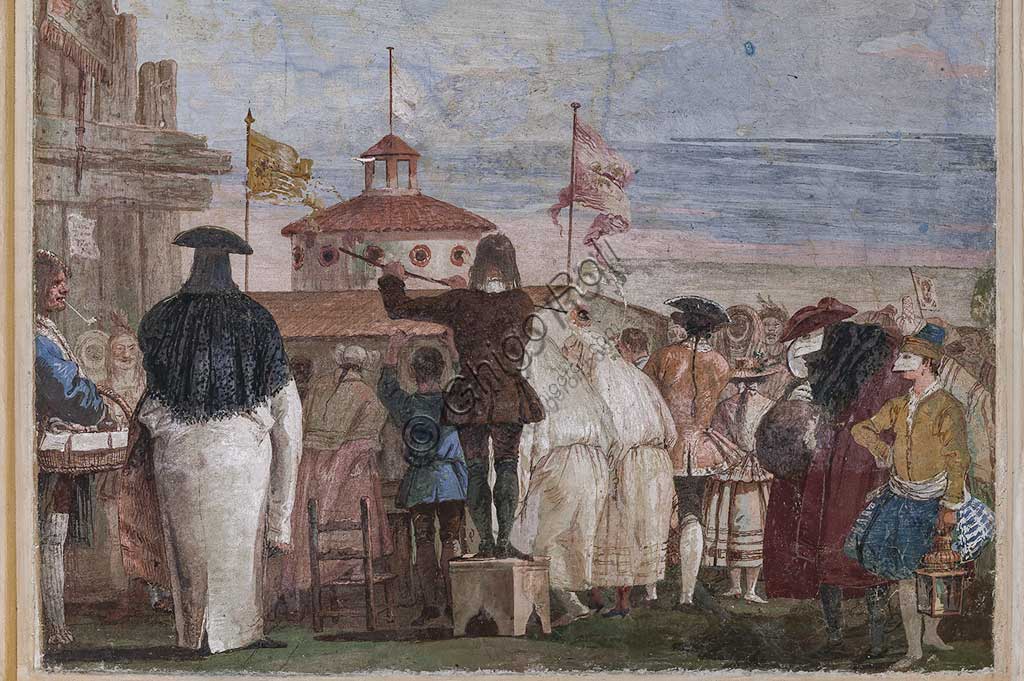 Vicenza, Villa Valmarana ai Nani, Foresteria, Stanza delle scene carnevalesche: "Mondo Nuovo"; scena con maschere, a imitazione di un dipinto a olio. Affreschi di Giandomenico Tiepolo, 1757.