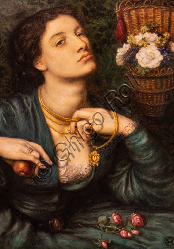  "Monna Pomona", (1864) by Dante Gabriel Rossetti (1828-1882); watercolour and gum arabic on paper. The model is Ada Vernon.The Roman goddess of fruits, Pomona, is symbolically represented. The representation is characterized by pearls, apples, flowers, jewels.
