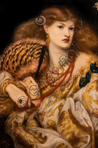  "Monna Vanna", (1866)  by Dante Gabriel Rossetti (1828-1882); oil painting on canvas. The model is Alexa Wilding. Detail.