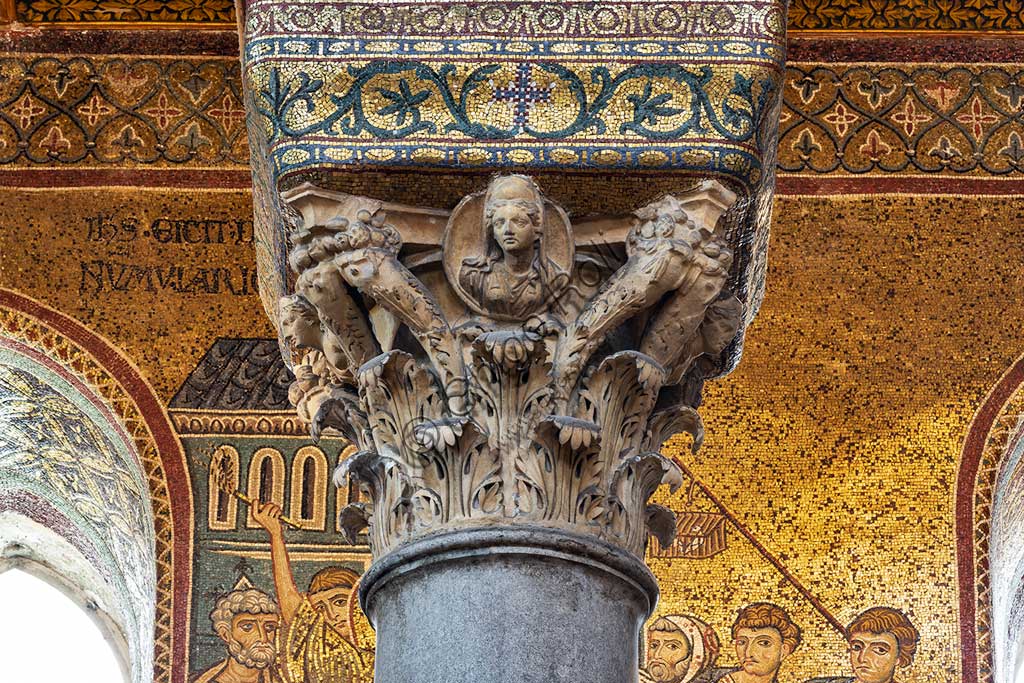  Monreale, Duomo: Corinthian capital, dating back to Roman age, between the Northern nave and the main one.