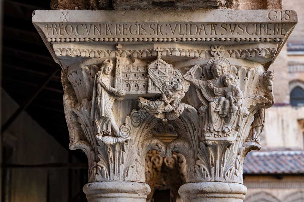  Monreale, Duomo, the cloister of the Benedectine monastery (XII century): the Southern side of capital W8; "William II the Emperor offering the Cathedral to the Virgin and Infant Jesus".