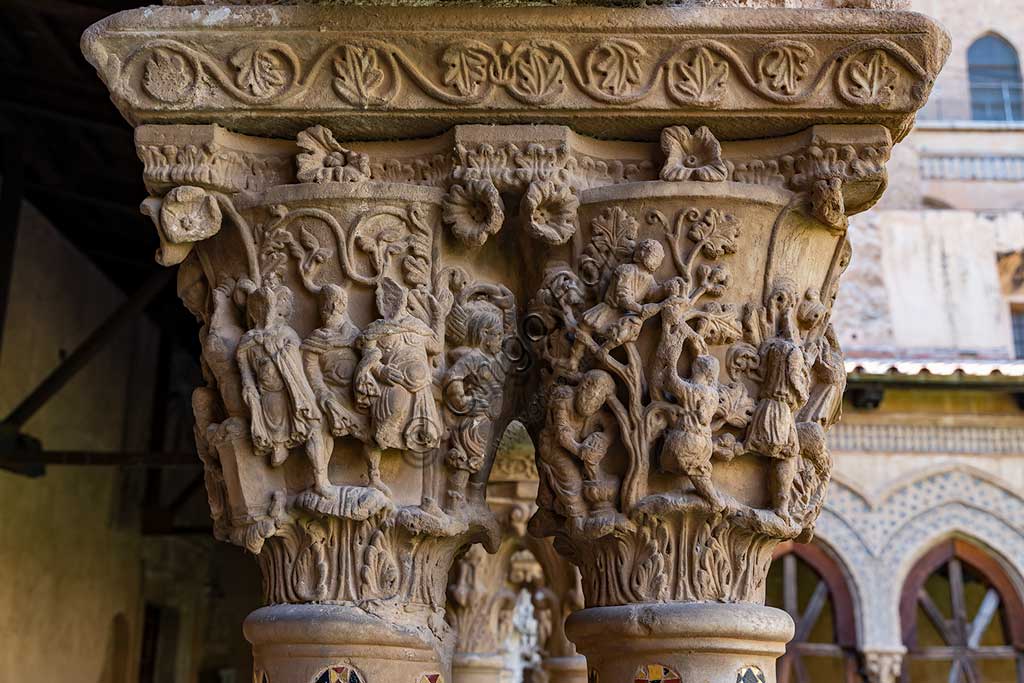  Monreale, Duomo, the cloister of the Benedectine monastery (XII century): the Southern side of capital W20 (""Noah's sons at work in the vineyard and Noah pressing the grapes").