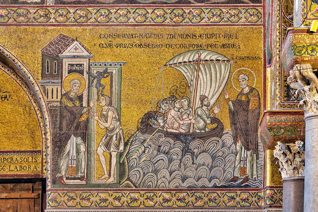 Monreale, Duomo, Episodi della vita dio San Castrense, patrono di Monreale: Liberazione dell'indemoniato e salvataggio dei marinai in tempesta", mosaico bizantino, XII - XIII sec., sulla controfacciata. Iscrizione latina: "CONSERVAT NAUTAS A DEMONIS ERIPIT IRE - QUAE PRIUS OBSEBSO DE CORPORE FECIT ABIRE".