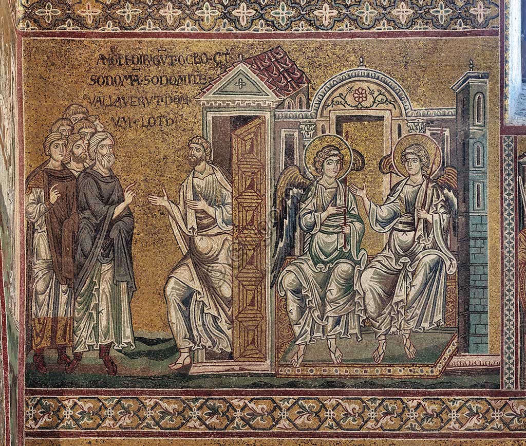 Monreale, Duomo: Il castigo di Sodoma (Lot e i due angeli), mosaico bizantino, XII - XIII sec., sulla controfacciata.Iscrizione latina: "ANGELIS DIRIGUNT OCULOS CONTRA SODOMEN SODOMITÆ VALLAVERUNT DOMUM LOTH".