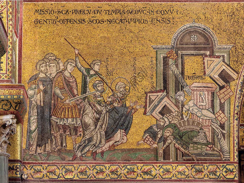 Monreale, Duomo: "Il martirio di San Cassio e San Casto - La distruzione del tempio e dell'idolo di Apollo". mosaico bizantino, XII - XIII sec., sulla controfacciata.