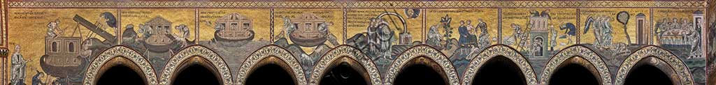Monreale, Duomo: il registro inferiore della parete meridionale della navata, con storie di Noè e dell'arca; Ciclo del Vecchio Testamento - Diluvio Universale, mosaico bizantino, XII - XIII sec.