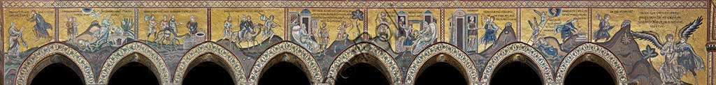 Monreale, Duomo: il registro inferiore della parete settentrionale della navata, con storie della Creazione di Adamo e del mondo dal Vecchio Testamento - , mosaico bizantino, XII - XIII sec.