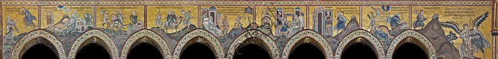 Monreale, Duomo: il registro inferiore della parete settentrionale della navata, con storie della Creazione di Adamo e del mondo dal Vecchio Testamento - , mosaico bizantino, XII - XIII sec.