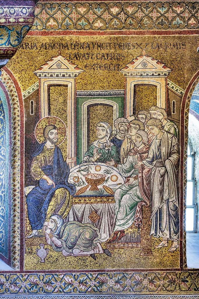  Monreale, Duomo: "Mary Magdalene anoints Jesus' feet with ointments, washes them with her tears and dries them with her hair", Byzantine mosaic, Episodes from the life of Christ, XII - XIII centuries. Latin inscription:"MARIA MAGDALENA UNGIT PEDES IESUS LACRIMIS LAVAT ET CAPILLIS EXTERGIT" .