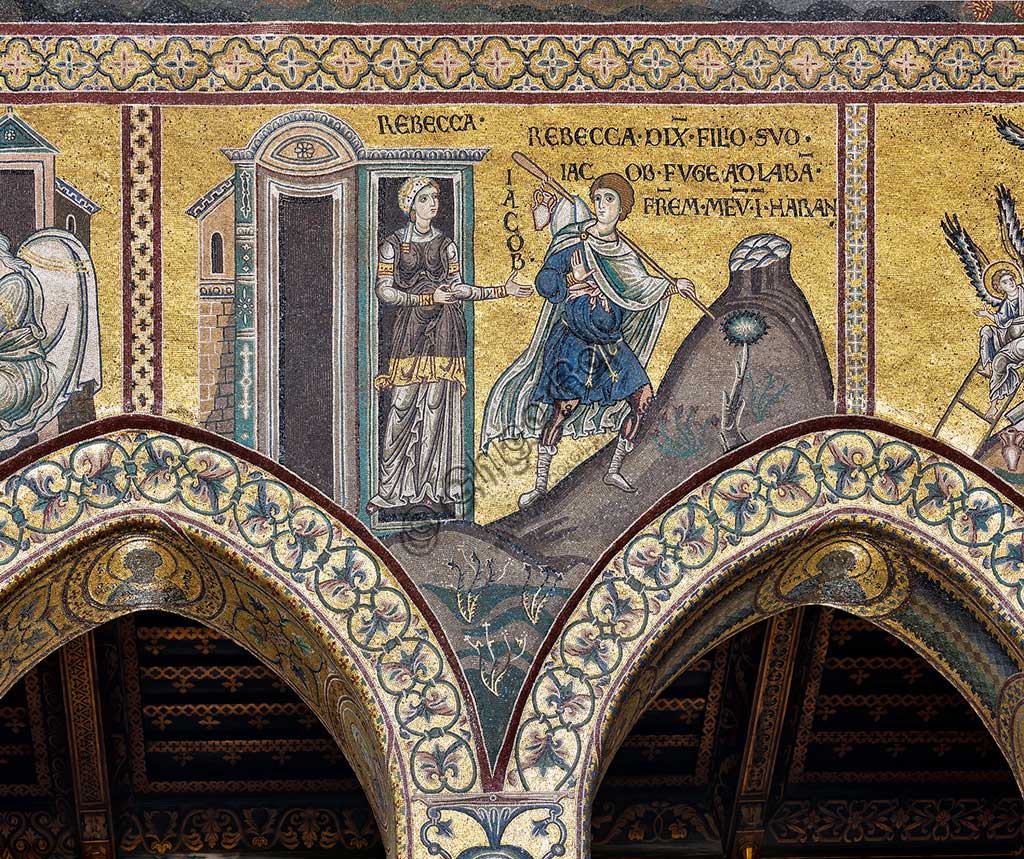 Monreale, Duomo: "Rebecca ordina al figlio Giacobbe di fuggire ad Haram presso suo fratello Labano", mosaico bizantino, Ciclo del Vecchio Testamento - Abramo, XII - XIII sec.Iscrizione latina: "REBECCA DIXIT FILIO SUO JACOB FUGE AB LABAN FRATREM MEUM IN HARAM".