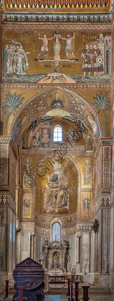 Monreale, Duomo: veduta del transetto e dell'abside meridionale con storie di San Pietro. Mosaico bizantino, XII - XIII sec. 