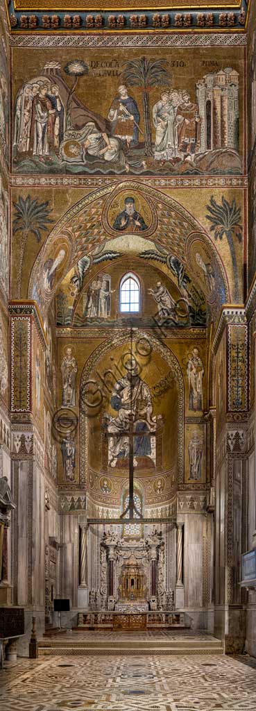 Monreale, Duomo: veduta del transetto e dell'abside settentrionale con storie di San Paolo. Mosaico bizantino, XII - XIII sec. 