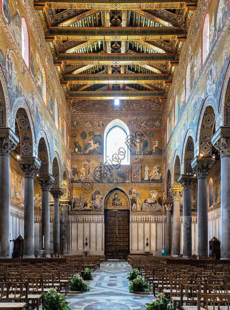  Monreale, Duomo: view of the nave and the  counterfaçade. The walls are decorated by byzantine mosaics (XII - XIII centuries).