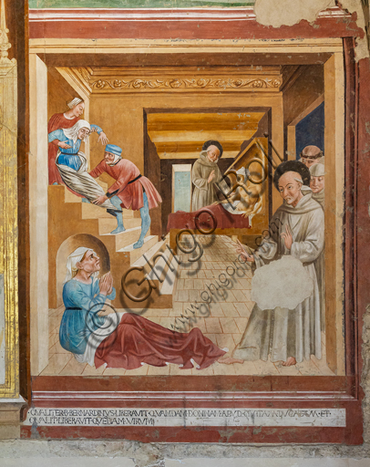 Montefalco, Museum of St. Francis, Church of St. Francis, Chapel of St. Bernardino of Siena: "Stories of S. Bernardino and Saints: The saint heals a man and a woman", frescoes by Jacopo Vincioli of Spoleto (Gozzolese expressionist). 1461.