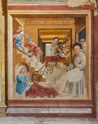 Montefalco, Complesso Museale di San Francesco, Chiesa di S. Francesco, Cappella di S. Bernardino da Siena: "Storie di S. Bernardino e Santi: il Santo guarisce un uomo e una donna", affreschi di Jacopo Vincioli di Spoleto (espressionista gozzolesco). 1461.  