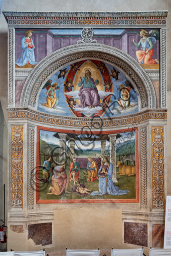 Montefalco, Museum of St. Francis, Church of St. Francis: "Nativity with the Annunciation and the Eternal among angels and cherubs", by Pietro Vannucci known as  Perugino, 1503. Fresco. From the top, "Annunciation", "The blessing Eternal between cherubs and two kneeling angels", "Nativity".
