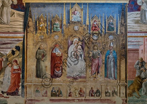 Montefalco, Museum of St. Francis, Church of St. Francis, Chapel of St. Jerome: frescoes by Benozzo Gozzoli, 1452.  Detail  at the centre of the wall: a fake polyptych with the Virgin Mary and Child, S. Anthony of Padua , St. Jerome, St. John and St. Louis of Toulouse. On the left, St. Jerome leaves Rome; on the right St. Jerome takes the thorn from the lion's paw.