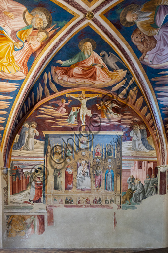 Montefalco, Museum of St. Francis, Church of St. Francis, Chapel of St. Jerome: frescoes by Benozzo Gozzoli, 1452. In the vault, the four evangelists. On the upper wall, Christ crucified between St. Dominic, St. Francis, St. Romuald and St. Silvester.  At the centre a fake polyptych with the Virgin Mary and Child, S. Anthony of Padua , St. Jerome, St. John and St. Louis of Toulouse. On the left, St. Jerome leaves Rome; on the right St. Jerome takes the thorn from the lion's paw.