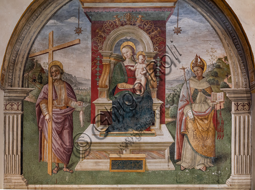 Montefalco, Museum of St. Francis, Church of St. Francis,  Niche of St. Andrew: "Madonna enthroned with Child between St. Andrew and St. Bonaventure of Bagnoregio", by Tiberio Diotallevi known as Tiberio d'Assisi. Fresco from 1510.