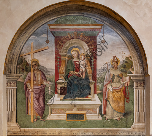 Montefalco, Museum of St. Francis, Church of St. Francis,  Niche of St. Andrew: "Madonna enthroned with Child between St. Andrew and St. Bonaventure of Bagnoregio", by Tiberio Diotallevi known as Tiberio d'Assisi. Fresco from 1510.