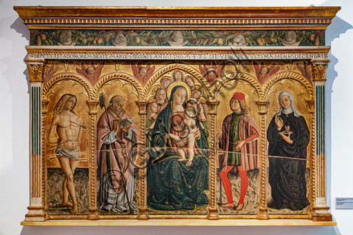 Montefalco, Museum of St. Francis: "Virgin and Child with the Saints Sebastian, Fortunatus, Severus and Claire da Montefalco", by Francesco Melanzio, 1488, tempera on panel.
