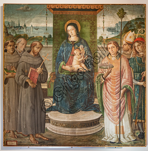Montefalco, Museum of St. Francis: " Madonna enthroned  with Infant Jesus and Saints: S. Anthony of Padua,, St. Francis of Assisi, St. Bernardino of Siena, Fortunatus, Louis of Tolosa, Severus", by Francesco Melanzio, 1498, tempera on canvas.