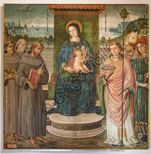 Montefalco, Complesso Museale di San Francesco: "Madonna in trono col Bambino e i Santi Antonio da Padova, Bernardino da Siena, Francesco di Assisi, Fortunato, Ludovico da Tolosa e Severo", di Francesco Melanzio, 1498, Tempera su tela.