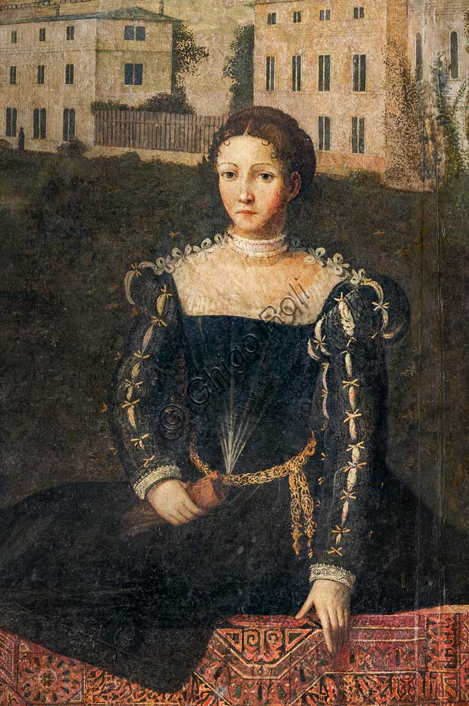 Brescia, Palazzo Martinengo Salvadego: particolare della Saletta delle Nobili Dame. La decorazione fu commissionata da Gerolamo Martinengo da Padernello in occasione delle sue nozze con Eleonora Gonzaga celebrate il 4 febbraio 1543. Dipinti a olio su tela incollata alle pareti, di Alessandro Bonvicino detto "Il Moretto", 1543-1546. Particolre con ritratto di nobildonna.