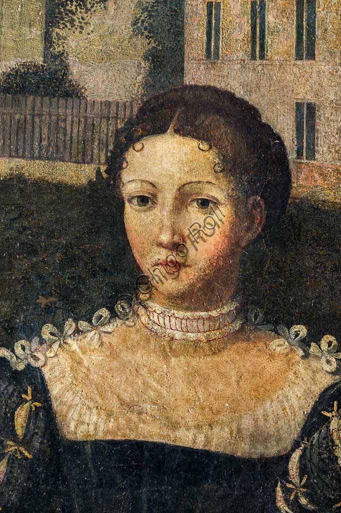 Brescia, Palazzo Martinengo Salvadego: particolare della Saletta delle Nobili Dame. La decorazione fu commissionata da Gerolamo Martinengo da Padernello in occasione delle sue nozze con Eleonora Gonzaga celebrate il 4 febbraio 1543. Dipinti a olio su tela incollata alle pareti, di Alessandro Bonvicino detto "Il Moretto", 1543-1546. Particolre con ritratto di nobildonna.