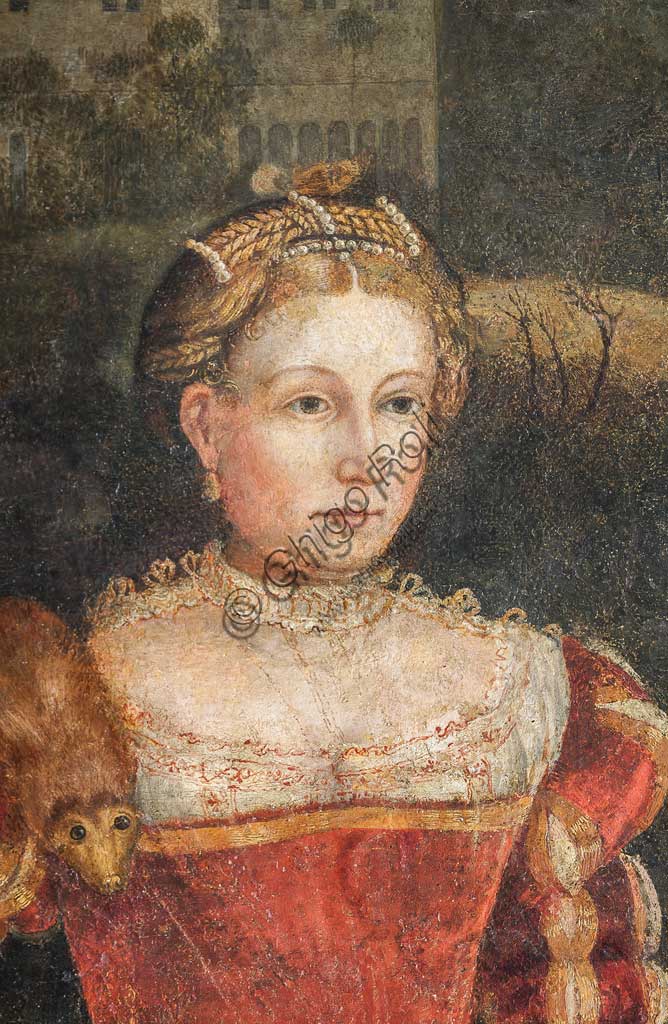 Brescia, Palazzo Martinengo Salvadego: particolare della Saletta delle Nobili Dame. La decorazione fu commissionata da Gerolamo Martinengo da Padernello in occasione delle sue nozze con Eleonora Gonzaga celebrate il 4 febbraio 1543. Dipinti a olio su tela incollata alle pareti, di Alessandro Bonvicino detto "Il Moretto", 1543-1546. Particolre con ritratto di nobildonna.