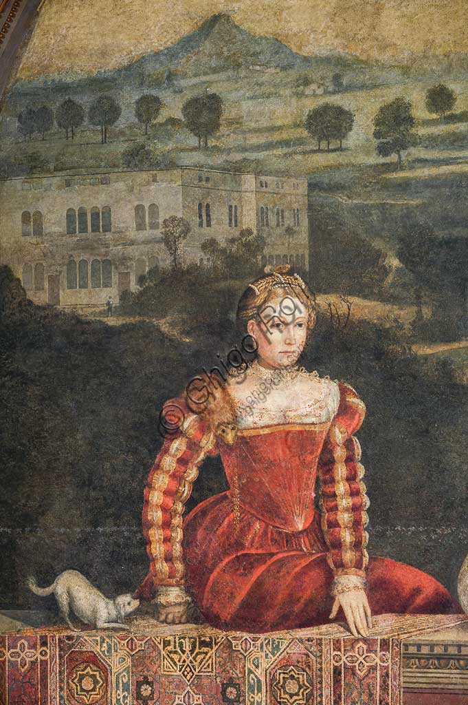 Brescia, Palazzo Martinengo Salvadego: detail of the Small Room of the Noble Ladies. The decoration was commissioned by Gerolamo Martinengo da Padernello on the occasion of his wedding with Eleonora Gonzaga, celebrated on February 4, 1543. Oil paintings on canvas glued to the walls, by Alessandro Bonvicino called "Il Moretto", (1543-1546). Detail with a portrait of a noblewoman.