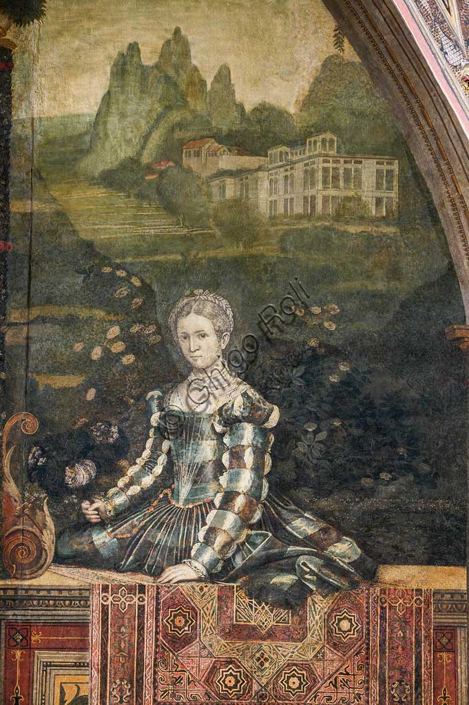 Brescia, Palazzo Martinengo Salvadego: particolare della Saletta delle Nobili Dame. La decorazione fu commissionata da Gerolamo Martinengo da Padernello in occasione delle sue nozze con Eleonora Gonzaga celebrate il 4 febbraio 1543. Dipinti a olio su tela incollata alle pareti, di Alessandro Bonvicino detto "Il Moretto", 1543-1546. Particolre con ritratto di nobildonna.