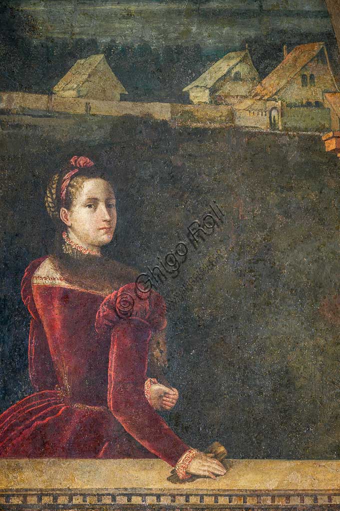 Brescia, Palazzo Martinengo Salvadego: particolare della Saletta delle Nobili Dame. La decorazione fu commissionata da Gerolamo Martinengo da Padernello in occasione delle sue nozze con Eleonora Gonzaga celebrate il 4 febbraio 1543. Dipinti a olio su tela incollata alle pareti, di Alessandro Bonvicino detto "Il Moretto", 1543-1546. Particolre con ritratto di nobildonna.