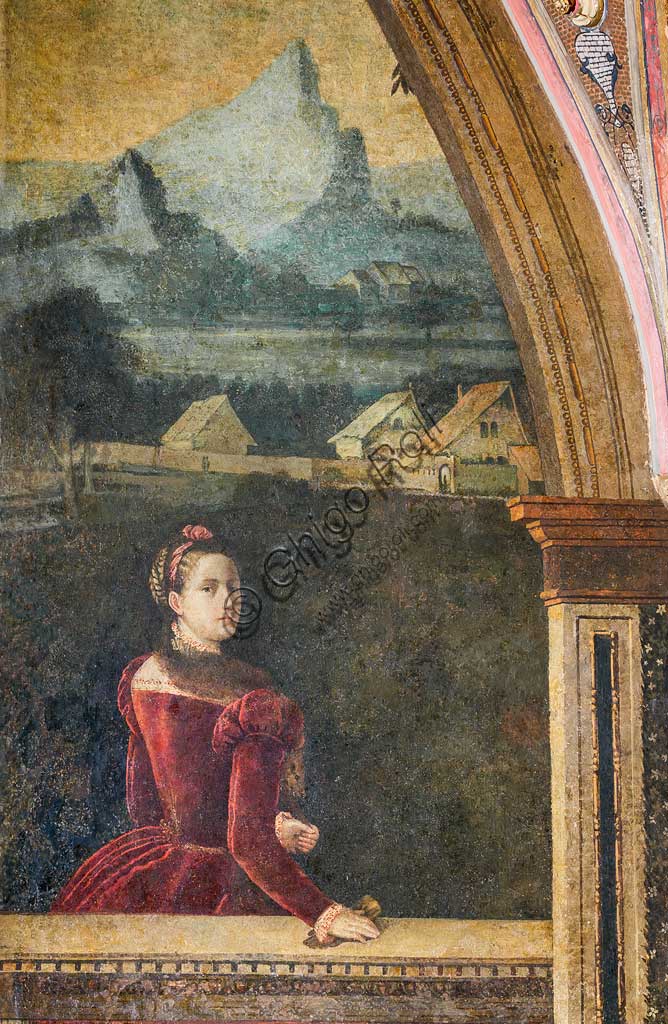 Brescia, Palazzo Martinengo Salvadego: particolare della Saletta delle Nobili Dame. La decorazione fu commissionata da Gerolamo Martinengo da Padernello in occasione delle sue nozze con Eleonora Gonzaga celebrate il 4 febbraio 1543. Dipinti a olio su tela incollata alle pareti, di Alessandro Bonvicino detto "Il Moretto", 1543-1546. Particolre con ritratto di nobildonna.