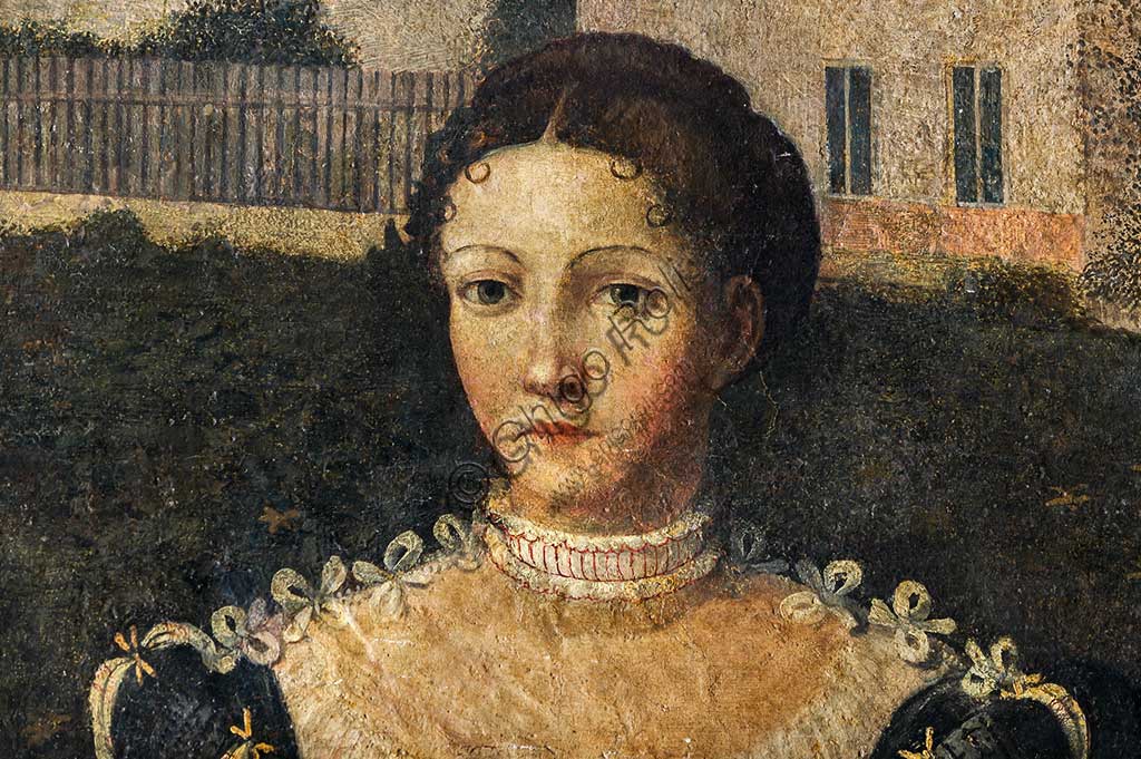 Brescia, Palazzo Martinengo Salvadego: detail of the Small Room of the Noble Ladies. The decoration was commissioned by Gerolamo Martinengo da Padernello on the occasion of his wedding with Eleonora Gonzaga, celebrated on February 4, 1543. Oil paintings on canvas glued to the walls, by Alessandro Bonvicino called "Il Moretto", (1543-1546). Detail with a portrait of a noblewoman.