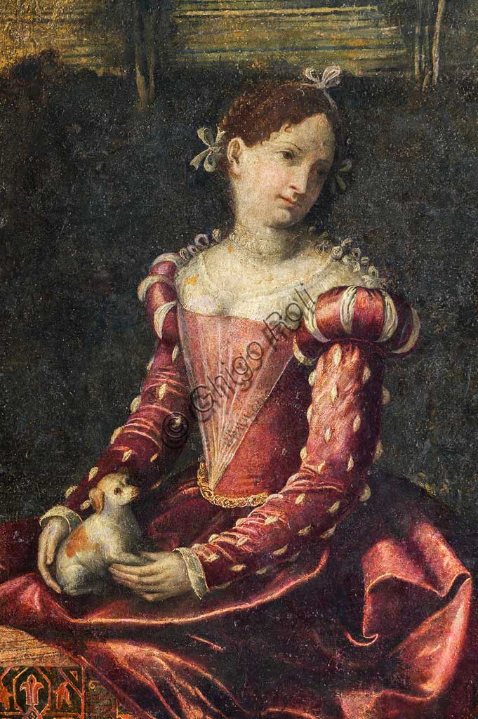 Brescia, Palazzo Martinengo Salvadego: particolare della Saletta delle Nobili Dame. La decorazione fu commissionata da Gerolamo Martinengo da Padernello in occasione delle sue nozze con Eleonora Gonzaga celebrate il 4 febbraio 1543. Dipinti a olio su tela incollata alle pareti, di Alessandro Bonvicino detto "Il Moretto", 1543-1546. Particolre con ritratto di nobildonna.