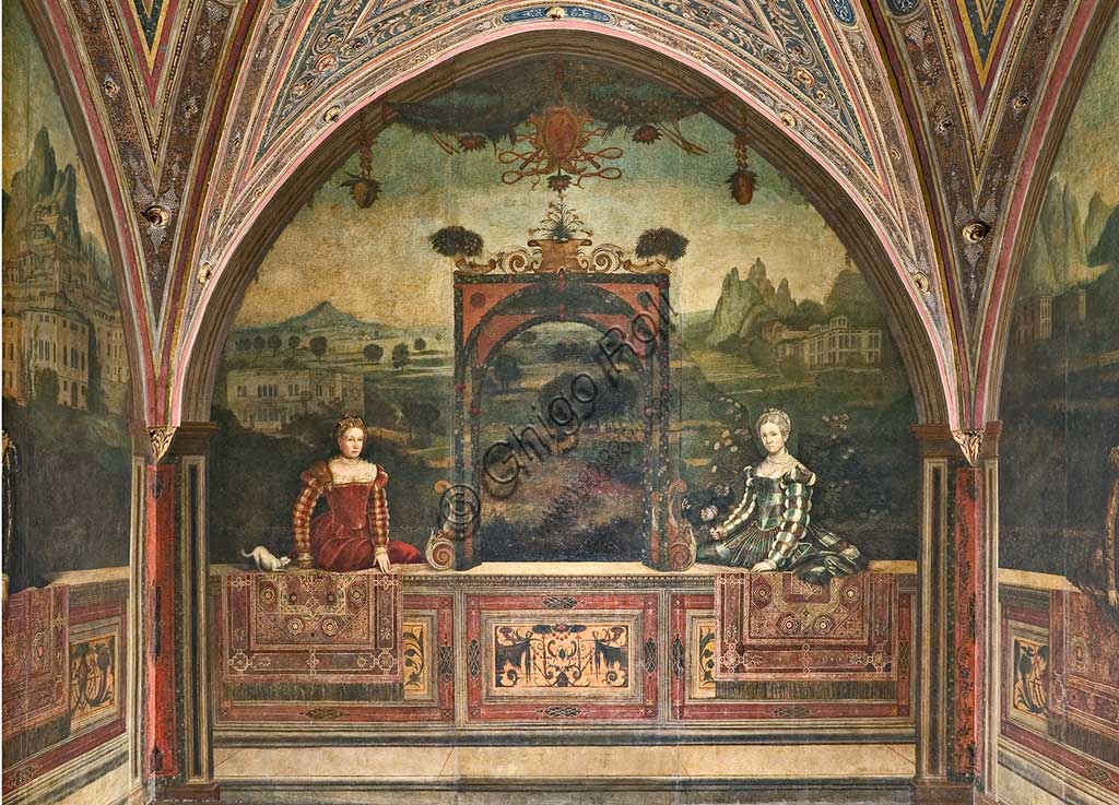 Brescia, Palazzo Martinengo Salvadego: detail of the Small Room of the Noble Ladies. The decoration was commissioned by Gerolamo Martinengo da Padernello on the occasion of his wedding with Eleonora Gonzaga, celebrated on February 4, 1543. Oil paintings on canvas glued to the walls, by Alessandro Bonvicino called "Il Moretto", (1543-1546).