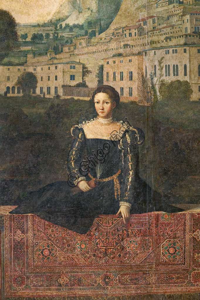 Brescia, Palazzo Martinengo Salvadego: particolare della Saletta delle Nobili Dame. La decorazione fu commissionata da Gerolamo Martinengo da Padernello in occasione delle sue nozze con Eleonora Gonzaga celebrate il 4 febbraio 1543. Dipinti a olio su tela incollata alle pareti, di Alessandro Bonvicino detto "Il Moretto", 1543-1546. Particolre con ritratto di nobildonna.