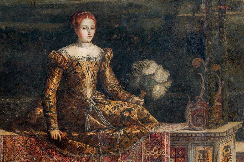 Brescia, Palazzo Martinengo Salvadego: particolare della Saletta delle Nobili Dame. La decorazione fu commissionata da Gerolamo Martinengo da Padernello in occasione delle sue nozze con Eleonora Gonzaga celebrate il 4 febbraio 1543. Dipinti a olio su tela incollata alle pareti, di Alessandro Bonvicino detto "Il Moretto", 1543-1546. Particolre con ritratto di nobildonna.