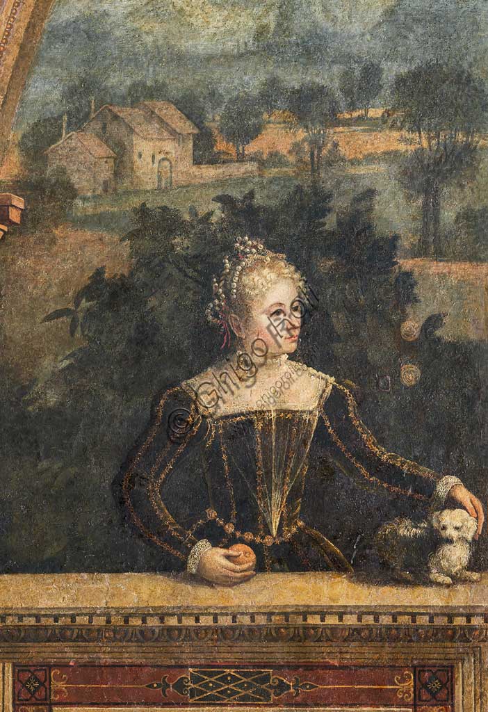 Brescia, Palazzo Martinengo Salvadego: particolare della Saletta delle Nobili Dame. La decorazione fu commissionata da Gerolamo Martinengo da Padernello in occasione delle sue nozze con Eleonora Gonzaga celebrate il 4 febbraio 1543. Dipinti a olio su tela incollata alle pareti, di Alessandro Bonvicino detto "Il Moretto", 1543-1546. Particolre con ritratto di nobildonna.